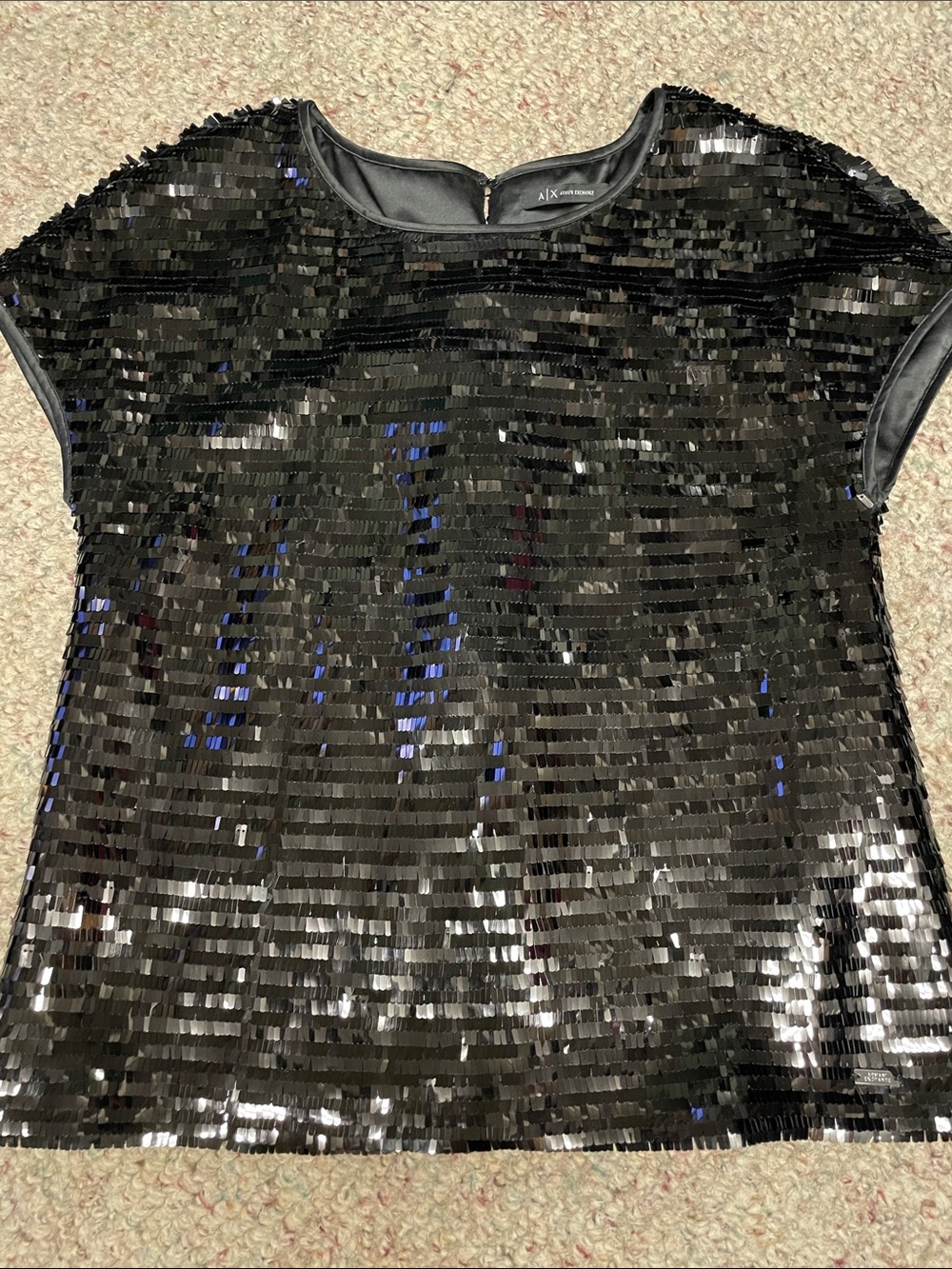 A/X Armani Exchange Black Sequin Short-cap Sleeve Top with keyhole back - new